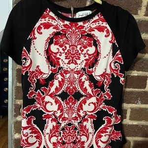 Joseph Ribkoff Black, Red, Cream Damask Pattern Top